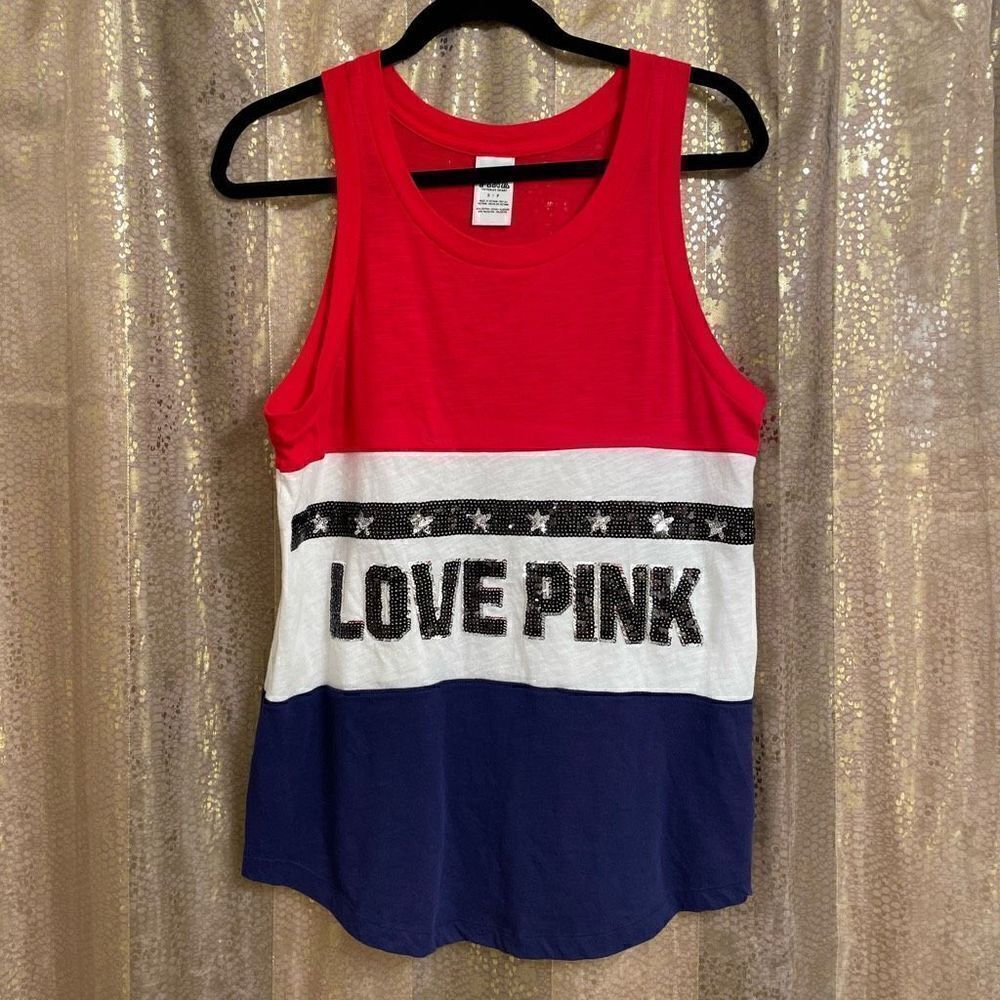 PINK Victoria’s Secret Red White Blue Silver Sequin Bling Tanktop, S